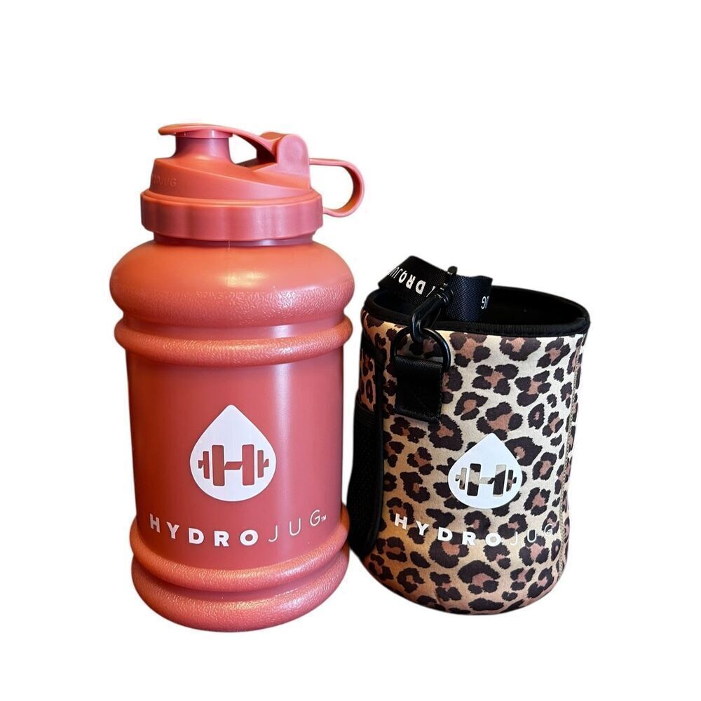 HydroJug 73oz Pink Bottle Leopard Print Insulated Sleeve and Black Strap hydrate